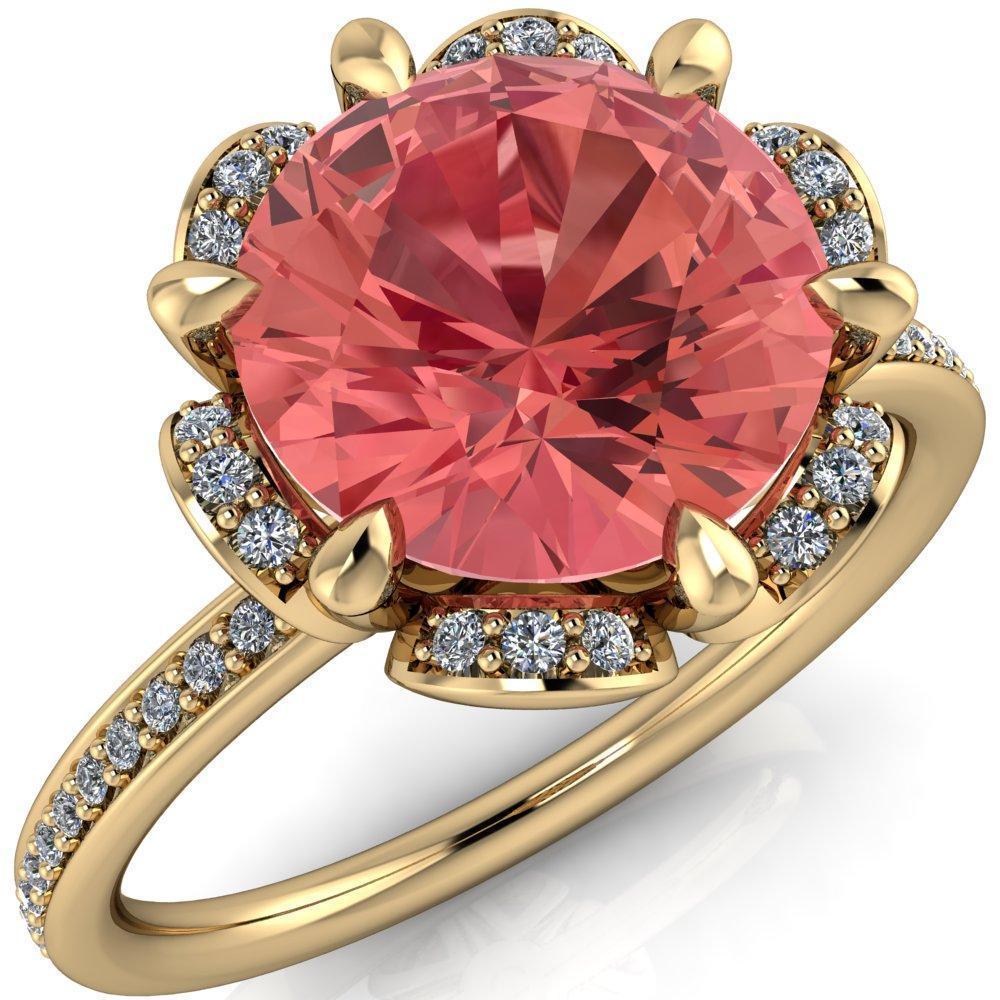 Daisy Round Padparadscha Sapphire Floral Diamond Basket Design and Diamond Shoulders Ring-Custom-Made Jewelry-Fire & Brilliance ®