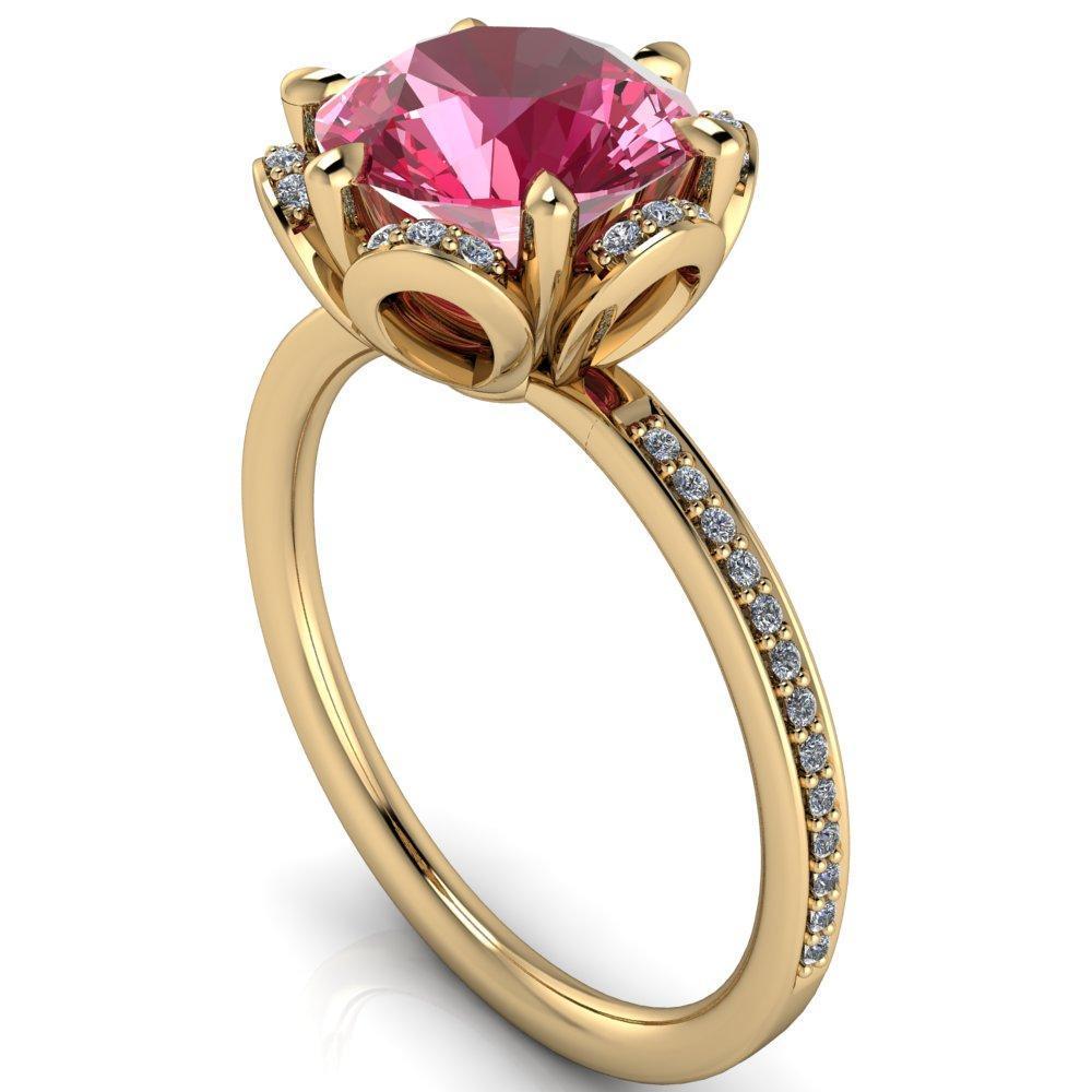 Daisy Round Pink Sapphire Floral Diamond Basket Design and Diamond Shoulders Ring-Custom-Made Jewelry-Fire & Brilliance ®