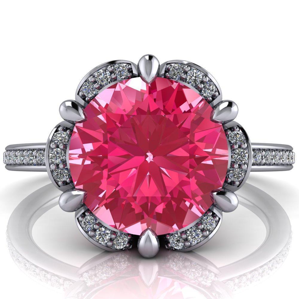 Daisy Round Pink Sapphire Floral Diamond Basket Design and Diamond Shoulders Ring-Custom-Made Jewelry-Fire & Brilliance ®