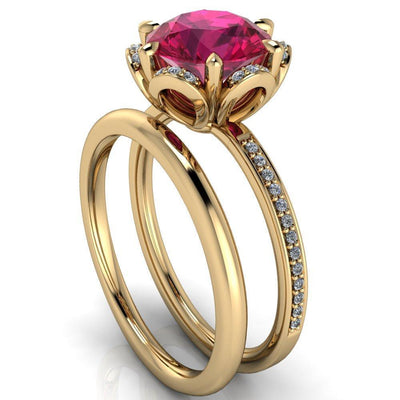 Daisy Round Ruby Floral Diamond Basket Design and Diamond Shoulders Ring-Custom-Made Jewelry-Fire & Brilliance ®