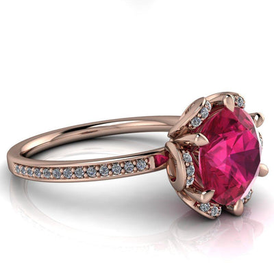 Daisy Round Ruby Floral Diamond Basket Design and Diamond Shoulders Ring-Custom-Made Jewelry-Fire & Brilliance ®
