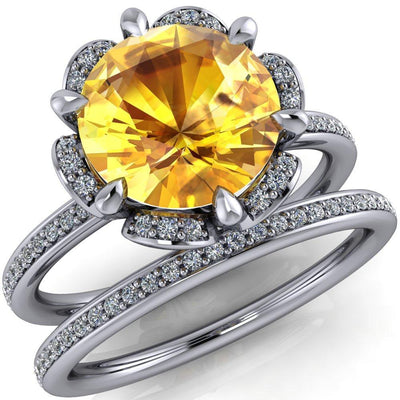 Daisy Round Yellow Sapphire Floral Diamond Basket Design and Diamond Shoulders Ring-Custom-Made Jewelry-Fire & Brilliance ®