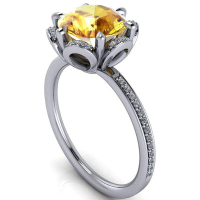 Daisy Round Yellow Sapphire Floral Diamond Basket Design and Diamond Shoulders Ring-Custom-Made Jewelry-Fire & Brilliance ®