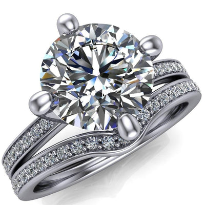 Dalia Round Moissanite Excellent 4 Cross Prong Set Diamond Sides Ring-Custom-Made Jewelry-Fire & Brilliance ®