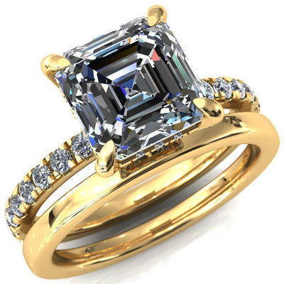 Daneli Asscher Moissanite 4 Claw Prong Micro Pave Diamond Sides Engagement Ring-FIRE & BRILLIANCE