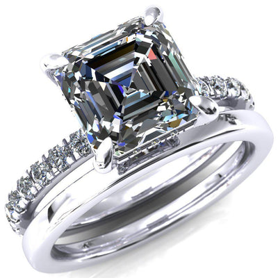 Daneli Asscher Moissanite 4 Claw Prong Micro Pave Diamond Sides Engagement Ring-FIRE & BRILLIANCE