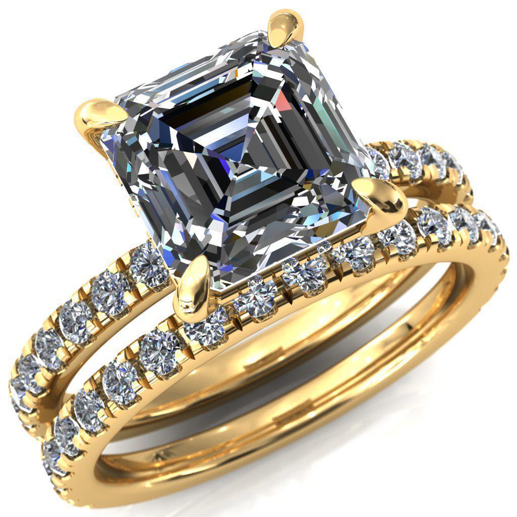 Daneli Asscher Moissanite 4 Claw Prong Micro Pave Diamond Sides Engagement Ring-FIRE & BRILLIANCE