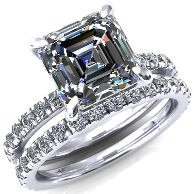 Daneli Asscher Moissanite 4 Claw Prong Micro Pave Diamond Sides Engagement Ring-FIRE & BRILLIANCE