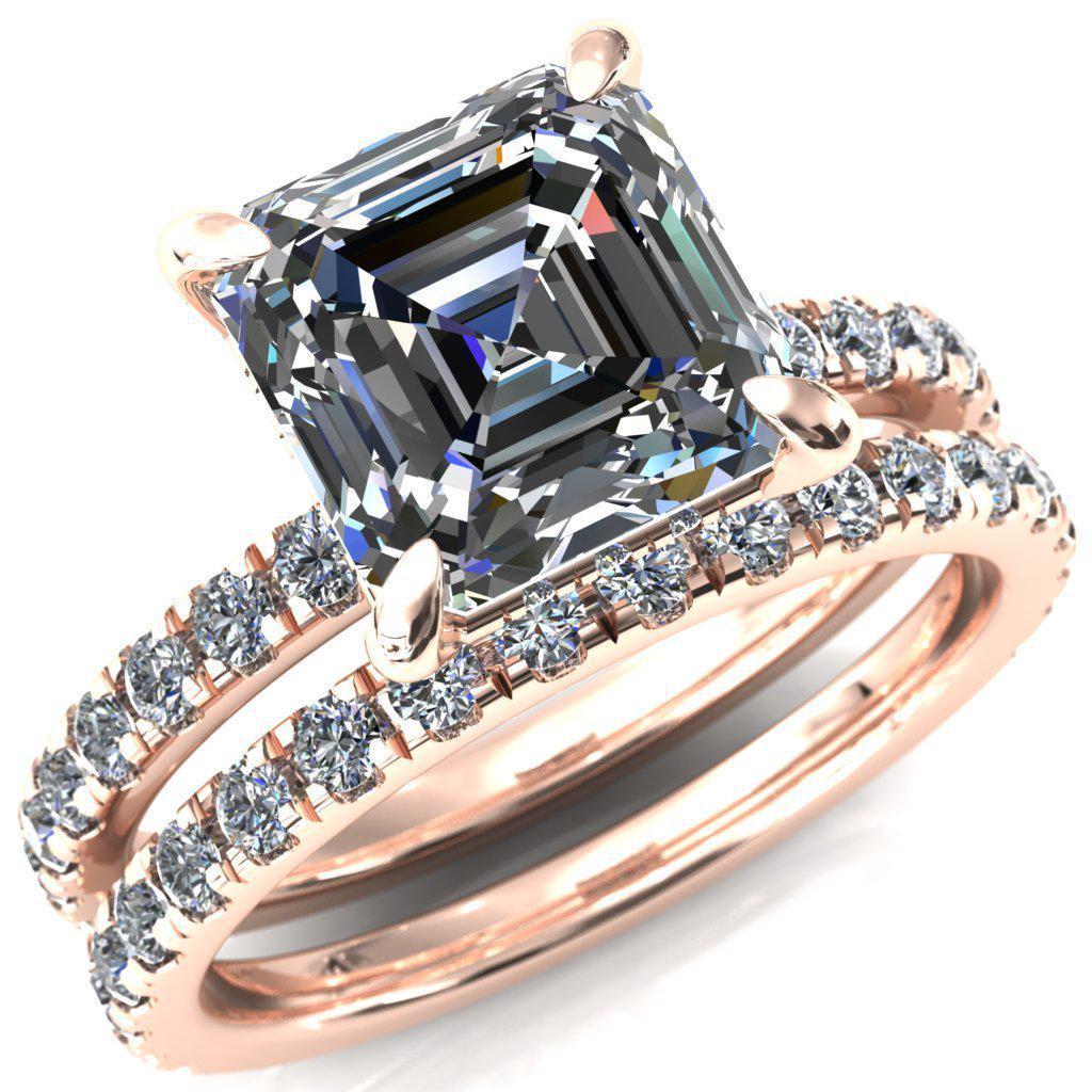 Daneli Asscher Moissanite 4 Claw Prong Micro Pave Diamond Sides Engagement Ring-FIRE & BRILLIANCE