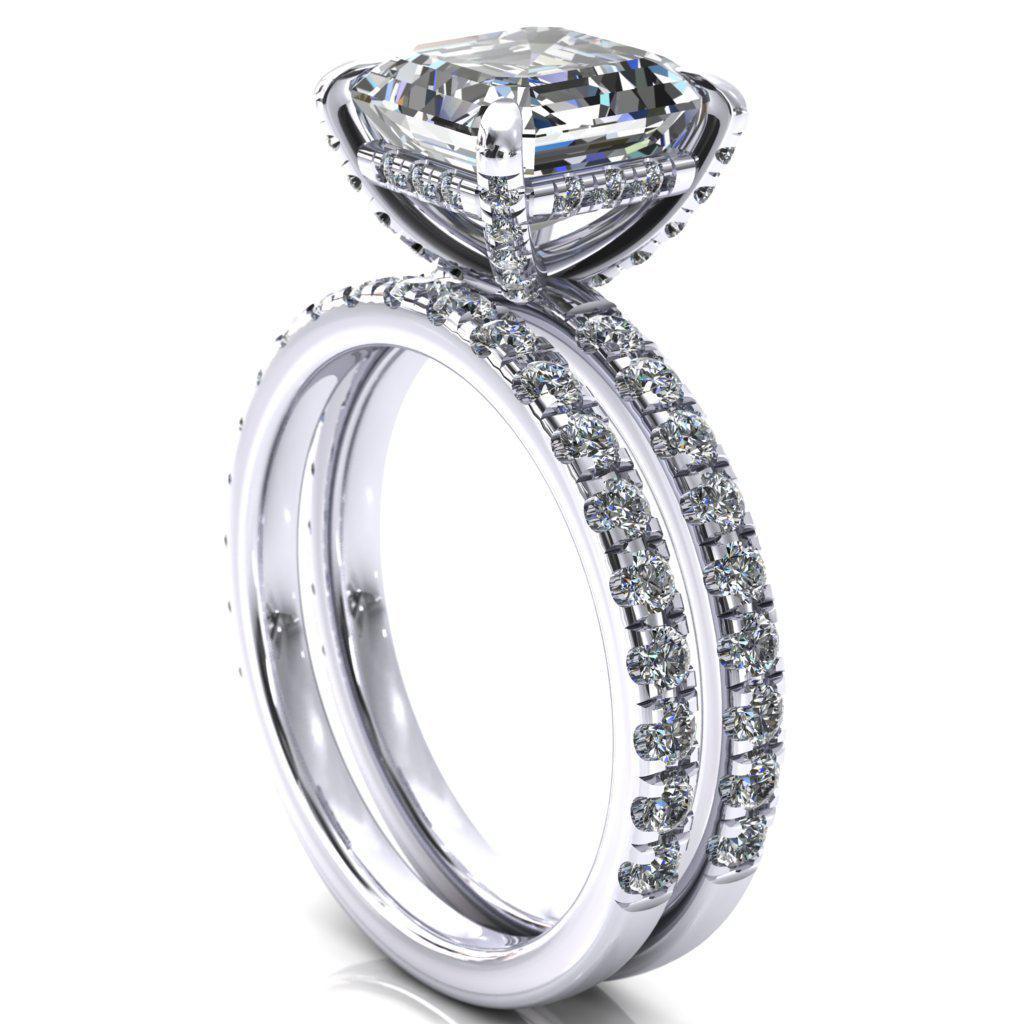 Daneli Asscher Moissanite 4 Claw Prong Micro Pave Diamond Sides Engagement Ring-FIRE & BRILLIANCE