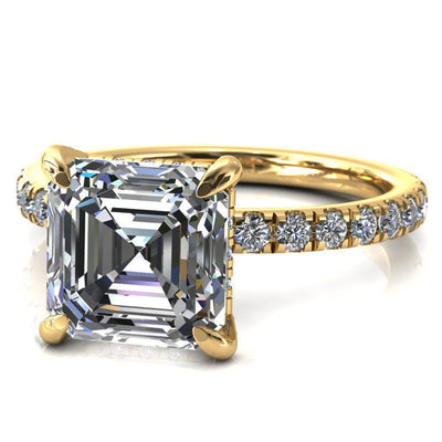 Daneli Asscher Moissanite 4 Claw Prong Micro Pave Diamond Sides Engagement Ring-FIRE & BRILLIANCE