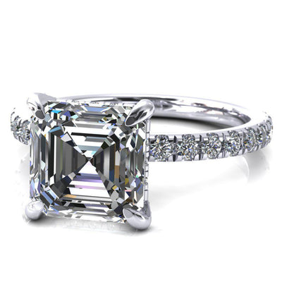 Daneli Asscher Moissanite 4 Claw Prong Micro Pave Diamond Sides Engagement Ring-FIRE & BRILLIANCE