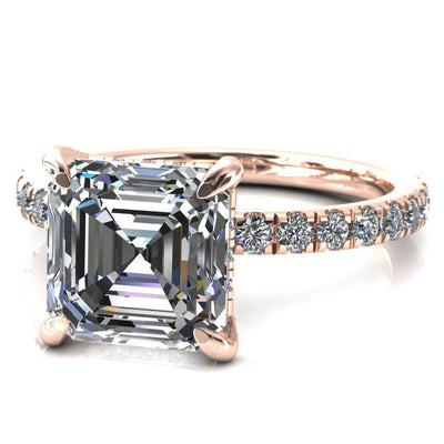 Daneli Asscher Moissanite 4 Claw Prong Micro Pave Diamond Sides Engagement Ring-FIRE & BRILLIANCE