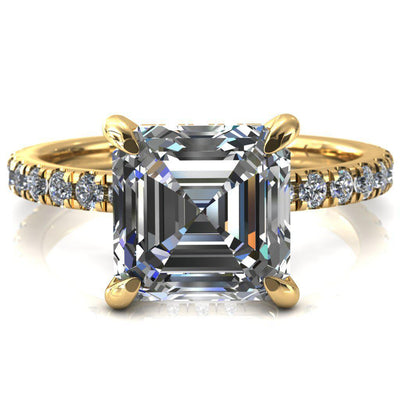 Daneli Asscher Moissanite 4 Claw Prong Micro Pave Diamond Sides Engagement Ring-FIRE & BRILLIANCE