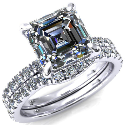 Daneli Asscher Moissanite 4 Claw Prong Micro Pave Diamond Sides Engagement Ring-FIRE & BRILLIANCE