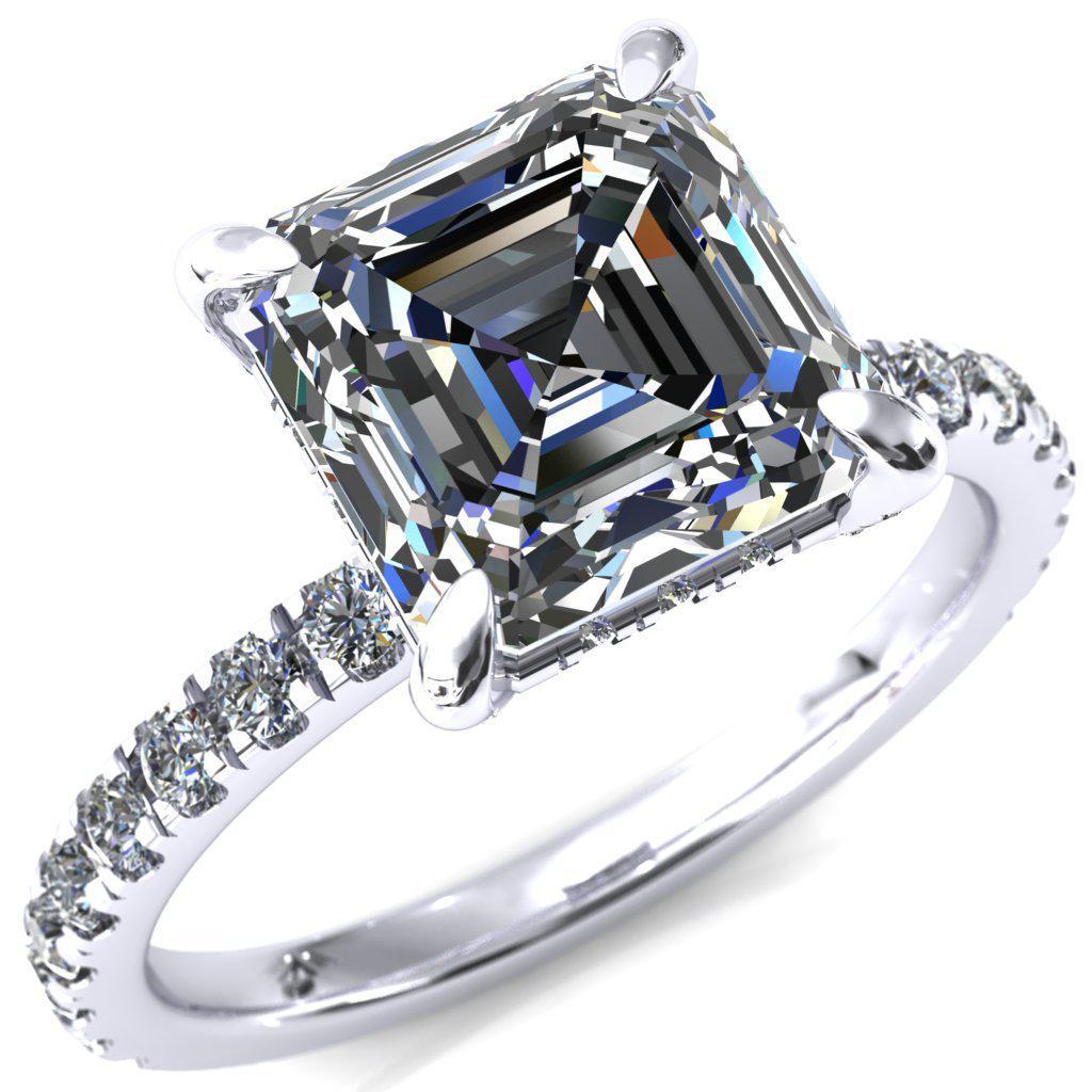 Daneli Asscher Moissanite 4 Claw Prong Micro Pave Diamond Sides Engagement Ring-FIRE & BRILLIANCE