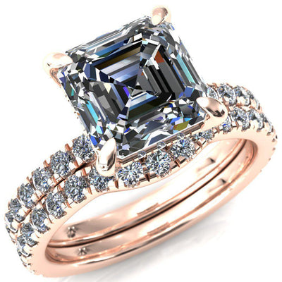 Daneli Asscher Moissanite 4 Claw Prong Micro Pave Diamond Sides Engagement Ring-FIRE & BRILLIANCE