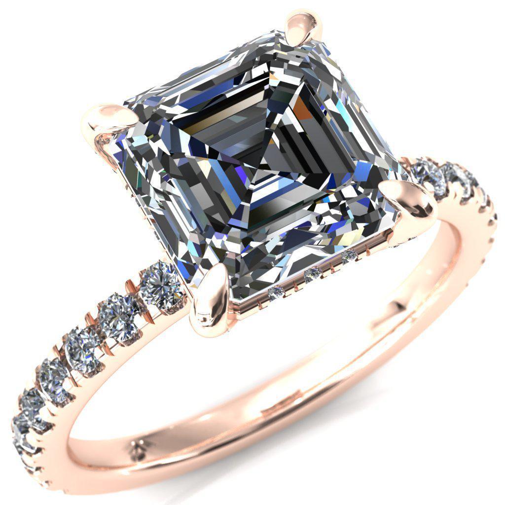 Daneli Asscher Moissanite 4 Claw Prong Micro Pave Diamond Sides Engagement Ring-FIRE & BRILLIANCE