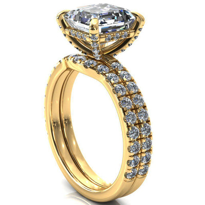 Daneli Asscher Moissanite 4 Claw Prong Micro Pave Diamond Sides Engagement Ring-FIRE & BRILLIANCE