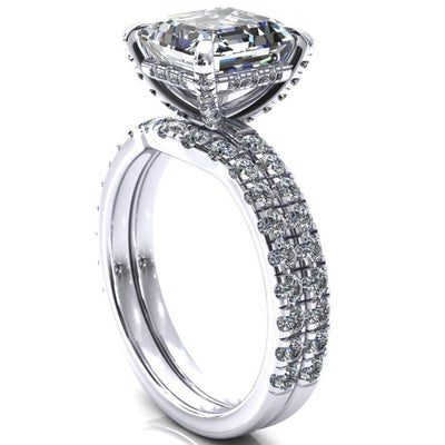 Daneli Asscher Moissanite 4 Claw Prong Micro Pave Diamond Sides Engagement Ring-FIRE & BRILLIANCE