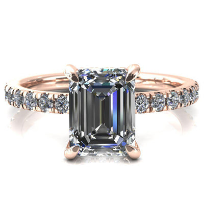 Daneli Emerald Moissanite 4 Claw Prong Micro Pave Diamond Sides Engagement Ring-FIRE & BRILLIANCE