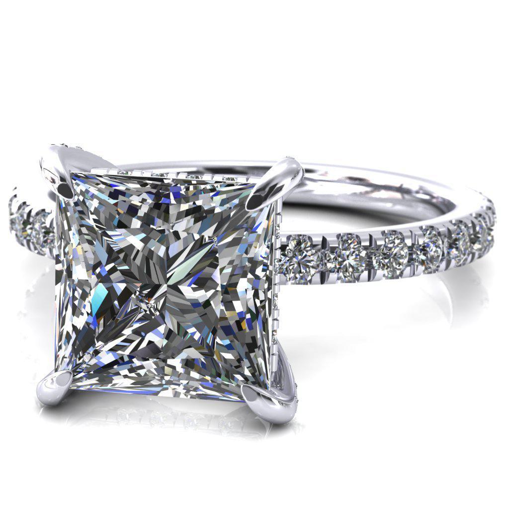 Daneli Princess/Square Moissanite 4 Claw Prong Micro Pave Diamond Sides Engagement Ring-FIRE & BRILLIANCE