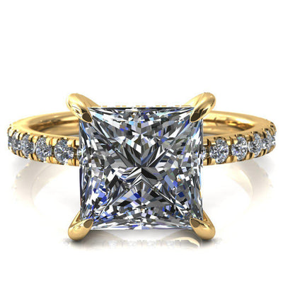 Daneli Princess/Square Moissanite 4 Claw Prong Micro Pave Diamond Sides Engagement Ring-FIRE & BRILLIANCE