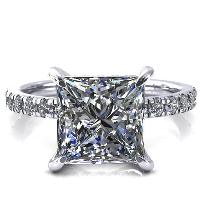 Daneli Princess/Square Moissanite 4 Claw Prong Micro Pave Diamond Sides Engagement Ring-FIRE & BRILLIANCE