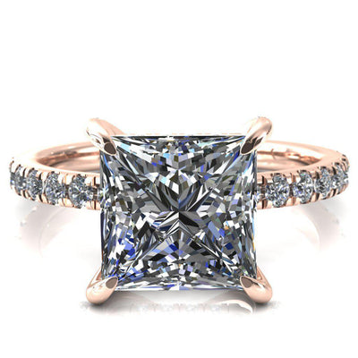 Daneli Princess/Square Moissanite 4 Claw Prong Micro Pave Diamond Sides Engagement Ring-FIRE & BRILLIANCE