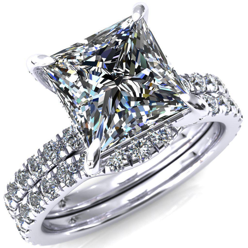 Daneli Princess/Square Moissanite 4 Claw Prong Micro Pave Diamond Sides Engagement Ring-FIRE & BRILLIANCE