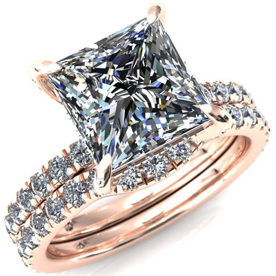 Daneli Princess/Square Moissanite 4 Claw Prong Micro Pave Diamond Sides Engagement Ring-FIRE & BRILLIANCE