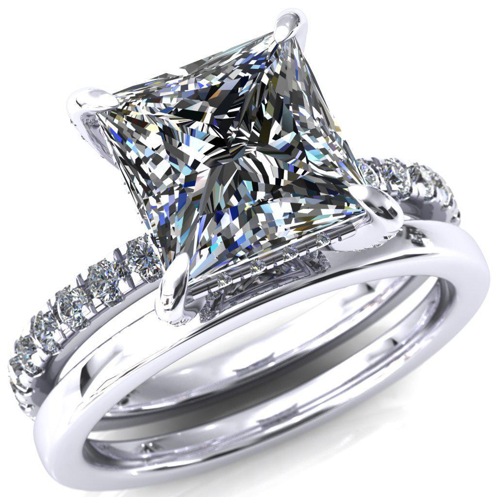 Daneli Princess/Square Moissanite 4 Claw Prong Micro Pave Diamond Sides Engagement Ring-FIRE & BRILLIANCE