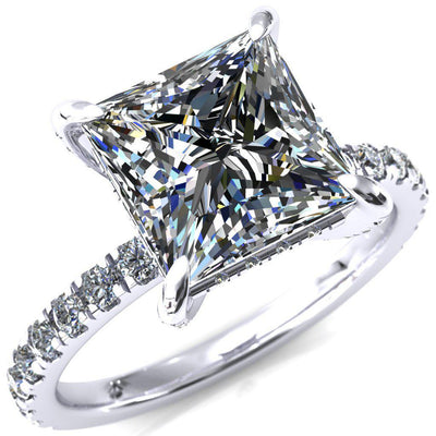 Daneli Princess/Square Moissanite 4 Claw Prong Micro Pave Diamond Sides Engagement Ring-FIRE & BRILLIANCE