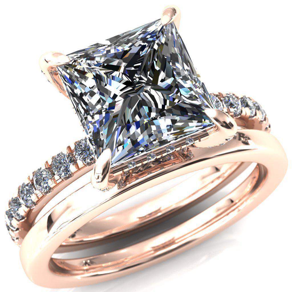 Daneli Princess/Square Moissanite 4 Claw Prong Micro Pave Diamond Sides Engagement Ring-FIRE & BRILLIANCE