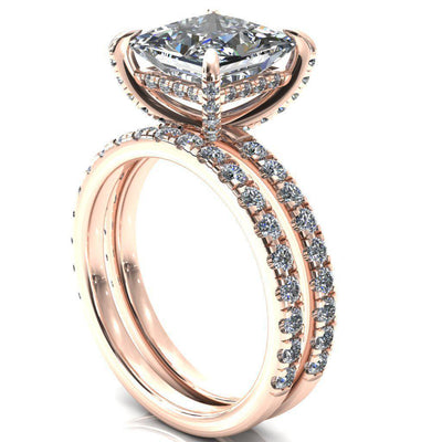 Daneli Princess/Square Moissanite 4 Claw Prong Micro Pave Diamond Sides Engagement Ring-FIRE & BRILLIANCE