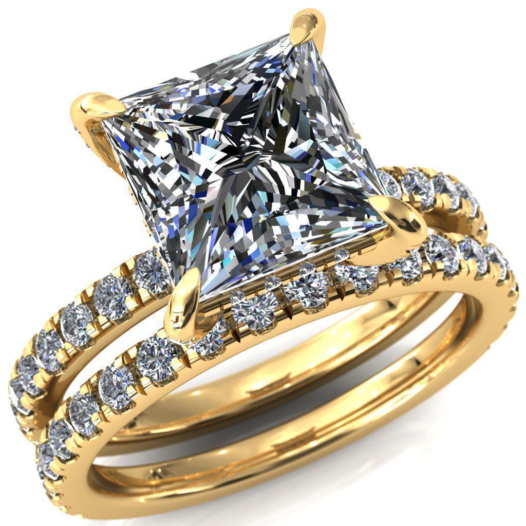 Daneli Princess/Square Moissanite 4 Claw Prong Micro Pave Diamond Sides Engagement Ring-FIRE & BRILLIANCE