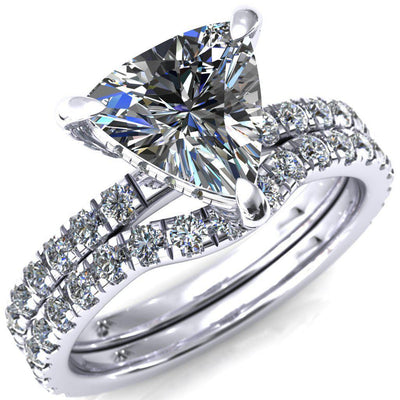 Daneli Trillion Moissanite 3 Claw Prong Micro Pave Diamond Sides Engagement Ring-FIRE & BRILLIANCE