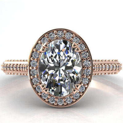 Dani Oval Moissanite Cathedral Diamond Fire Shank and Prongs Halo Ring-Custom-Made Jewelry-Fire & Brilliance ®