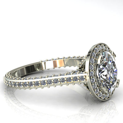 Dani Oval Moissanite Cathedral Diamond Fire Shank and Prongs Halo Ring-Custom-Made Jewelry-Fire & Brilliance ®