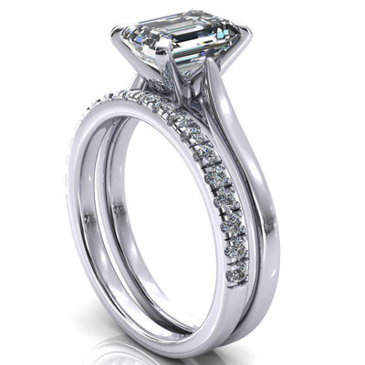 Darci Emerald Moissanite 4 Prong Cathedral Solitaire Engagement Ring-FIRE & BRILLIANCE