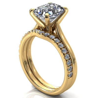 Darci Radiant Moissanite 4 Prong Cathedral Solitaire Engagement Ring-FIRE & BRILLIANCE