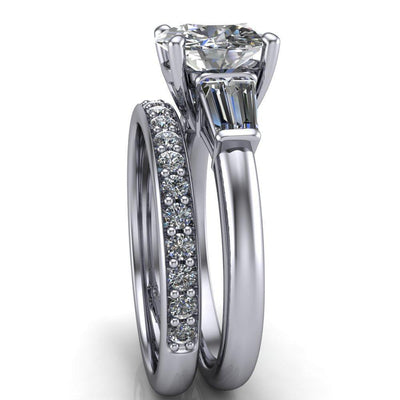 Desi Round Moissanite Double Baguette Diamond Side Engagement Ring-Custom-Made Jewelry-Fire & Brilliance ®