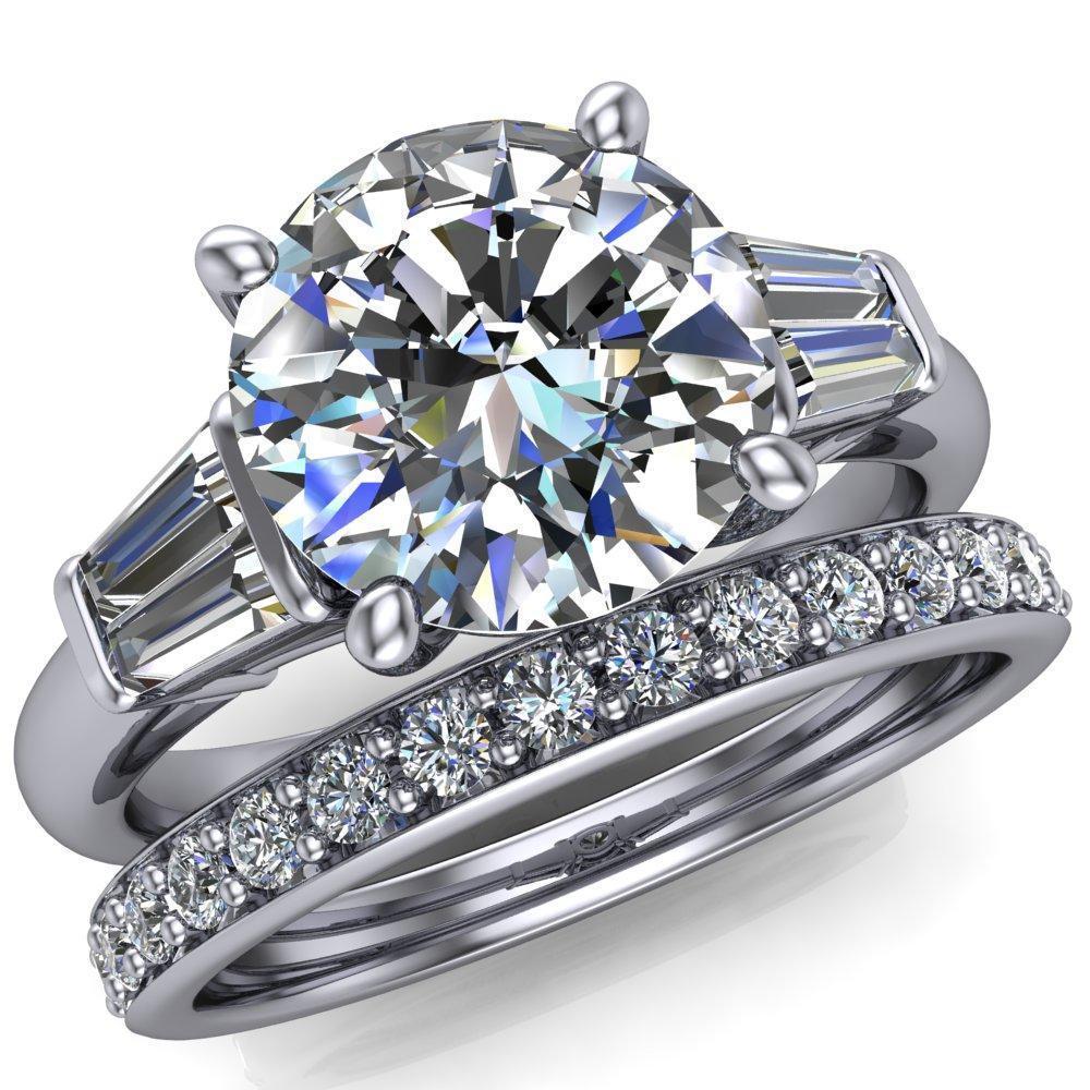 Desi Round Moissanite Double Baguette Diamond Side Engagement Ring-Custom-Made Jewelry-Fire & Brilliance ®