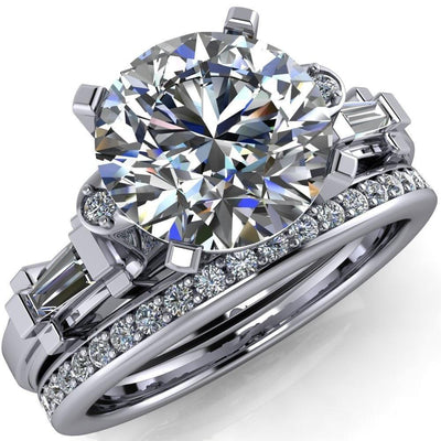 Devona Round Moissanite 4 Prong Baguette Side Engagement Ring-Custom-Made Jewelry-Fire & Brilliance ®