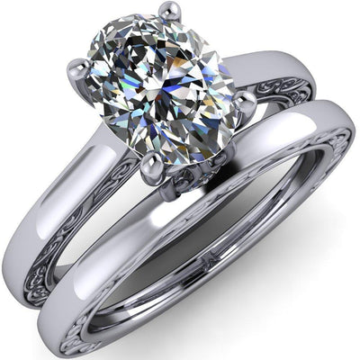 Dewey Oval Moissanite 4 Prongs Filigree Side Shank Engagement Ring-Custom-Made Jewelry-Fire & Brilliance ®