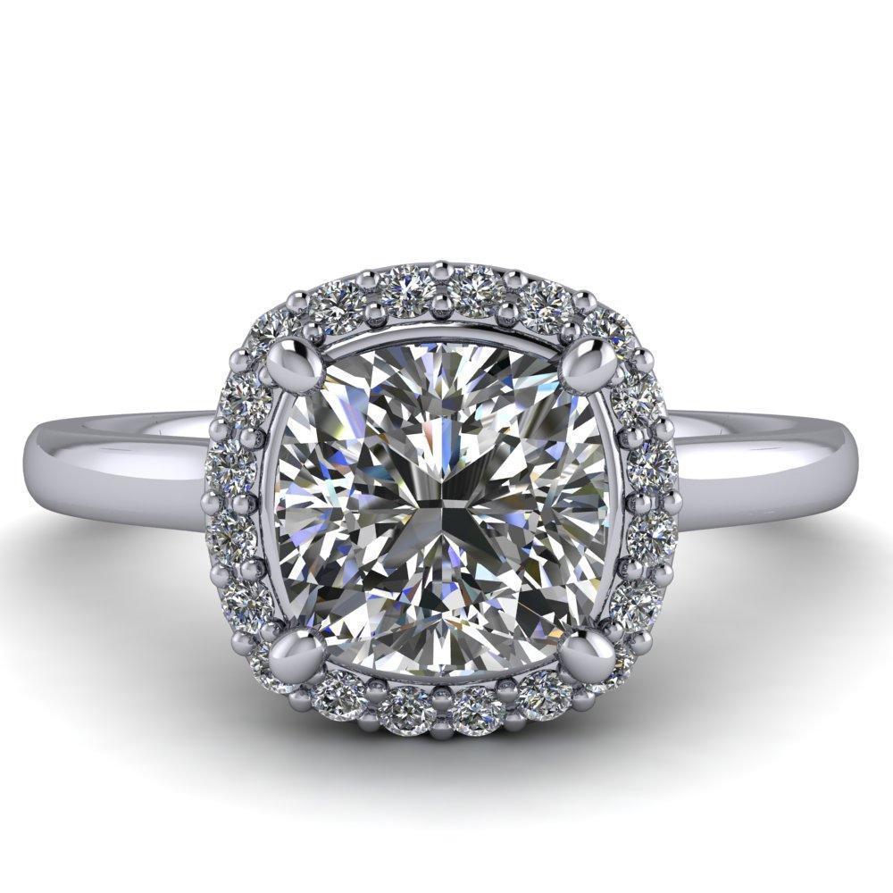 Diana Cushion Moissanite 4 Prong Halo Flower Basket Engagement Ring-Custom-Made Jewelry-Fire & Brilliance ®