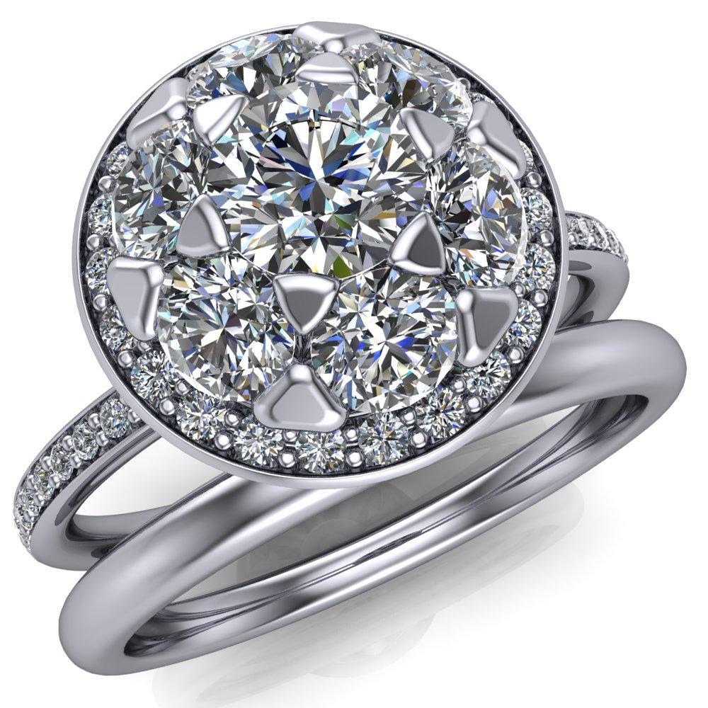 Edna Round Moissanite Royal Cluster and Diamond Halo Shoulders Ring-Custom-Made Jewelry-Fire & Brilliance ®
