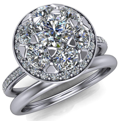 Edna Round Moissanite Royal Cluster and Diamond Halo Shoulders Ring-Custom-Made Jewelry-Fire & Brilliance ®