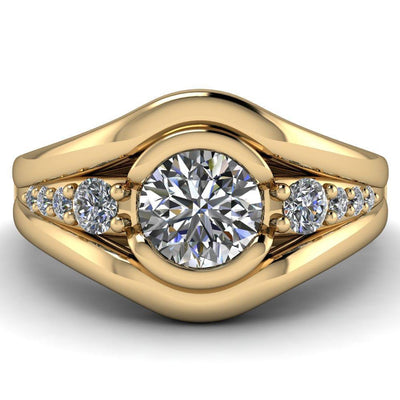 Elaine Round Moissanite Half-Bezel Accent Split Shank Ring-Custom-Made Jewelry-Fire & Brilliance ®