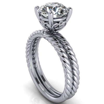 Elise Round Moissanite Rope and Filigree Design Quad Diamond Bezels Ring-Custom-Made Jewelry-Fire & Brilliance ®